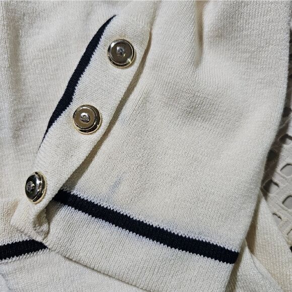ST. JOHN Striped Knit Sweater Cardigan Cream Black Stripes - Size 10 - Picture 7 of 8